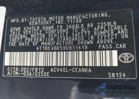 2009 Toyota Camry Le from USA, damaged, VIN 4T1BE46K59U911419